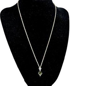 Silver Tone Chain Necklace Green Crystal Pendant Rhinestones 18"